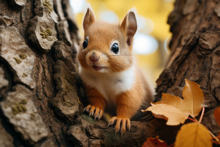 cute little red squirrel in a tree with autumn leavesの素材