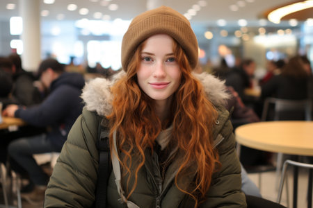 a young woman with red hair sitting at a tableの素材