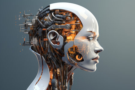 3d rendering of a womans head with a robot faceの素材