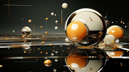 3d rendering of orange and white spheres on a black surfaceの素材