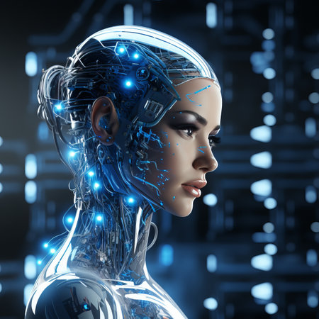 a female robot with glowing blue lights on her faceの素材