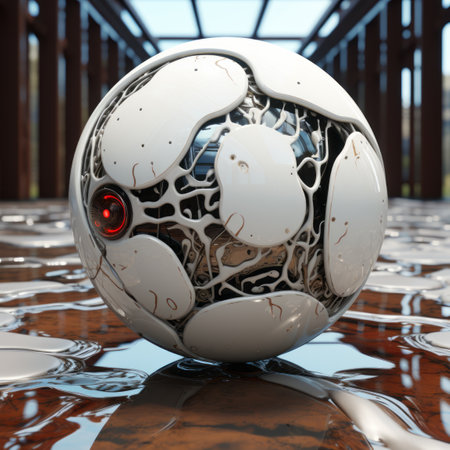 a white soccer ball with a robot on top of itの素材