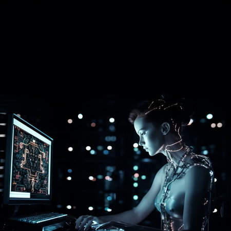 a woman sitting in front of a computer in a dark roomの素材