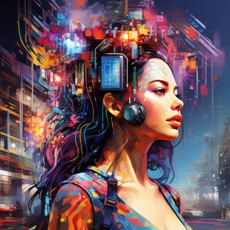 a digital painting of a woman with headphones on her headの素材