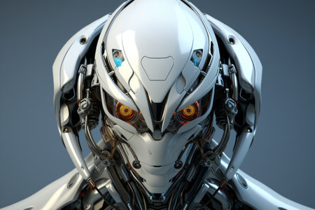 a close up of a robot head with orange eyesの素材