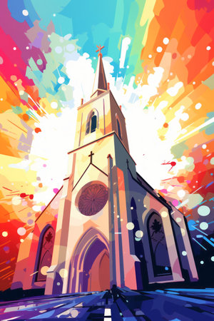 an artistic painting of a church on a colorful backgroundの素材