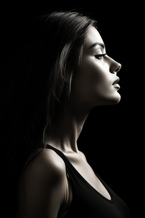 portrait of a beautiful woman with long dark hair on a black backgroundの素材