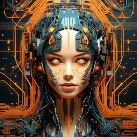 futuristic woman with orange and blue eyes on an abstract backgroundの素材
