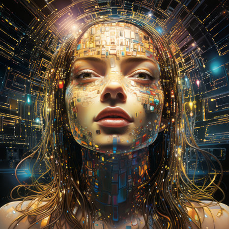 a womans face is surrounded by glowing technologyの素材
