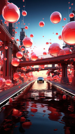 a futuristic city with red balloons floating in the airの素材