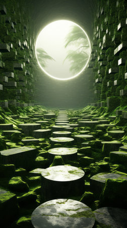 an image of a green tunnel with stone stepsの素材