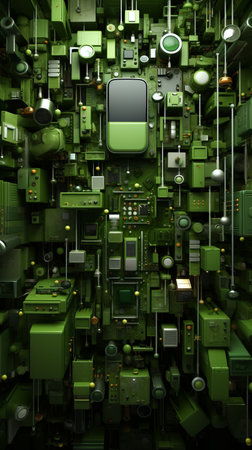 an image of a green wall with many electronic devicesの素材