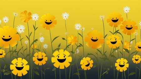 a group of yellow flowers with smiley faces on themの素材