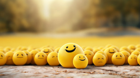 a group of yellow smiley faces in the middle of a fieldの素材