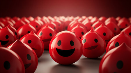 a large group of red blood cells with smiling facesの素材