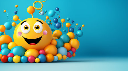 a smiley face surrounded by colorful balloons on a blue backgroundの素材