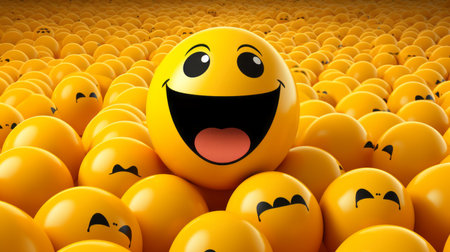 a yellow smiley face surrounded by many other smiley facesの素材