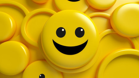 a yellow smiley face surrounded by many buttonsの素材