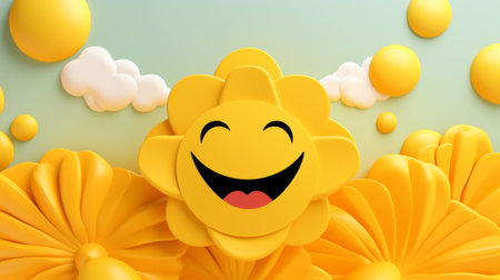 a yellow smiley face surrounded by yellow balloonsの素材