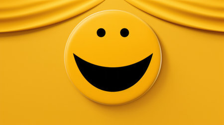 a yellow smiley face with a curtain behind itの素材