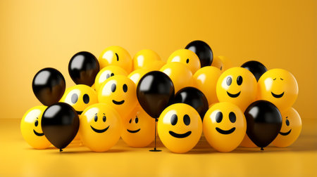 many black and yellow balloons with smiley facesの素材