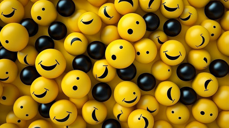 many black and yellow smiley faces are arranged togetherの素材