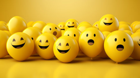 many yellow balloons with smiley faces on a yellow backgroundの素材