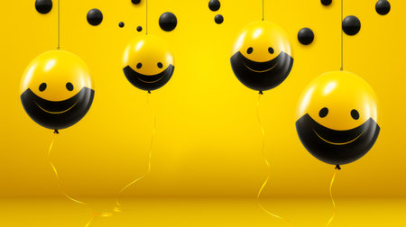 happy birthday balloons with smiley faces on yellow background 3d illustrationの素材