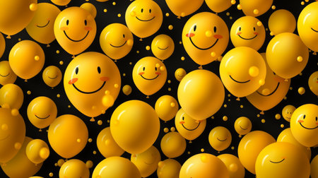 many yellow balloons with smiley faces on themの素材