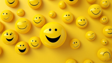 many yellow smiley faces on a yellow backgroundの素材