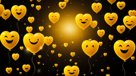 many yellow balloons with smiley faces on a black backgroundの素材
