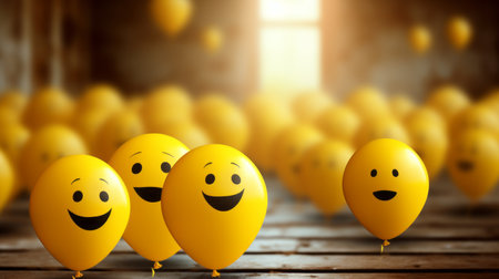 many yellow balloons with smiley facesの素材