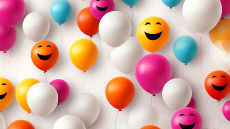 many colorful balloons with smiley faces on themの素材