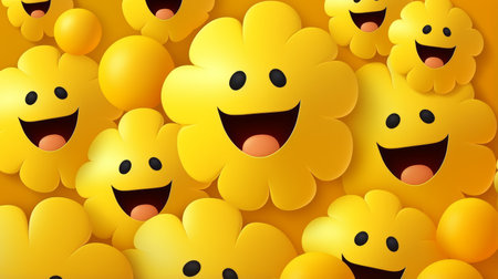 many yellow smiley faces on a yellow backgroundの素材