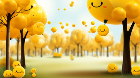 smiley trees and balloons in a field of yellow balloonsの素材