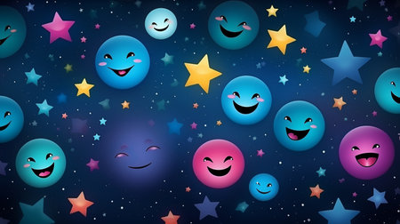 smiley faces and stars in the night skyの素材