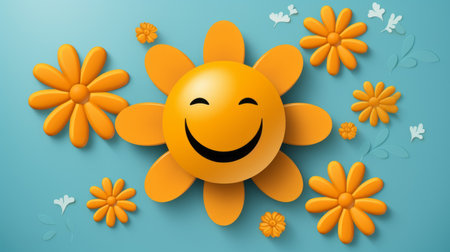 smiley face with flowers on blue backgroundの素材