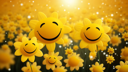 smiley faces in a field of yellow flowersの素材