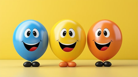 three colorful balloons with smiling faces on a yellow backgroundの素材