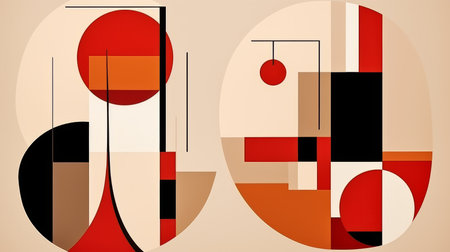 abstract geometric shapes in red orange and black on a beige backgroundの素材