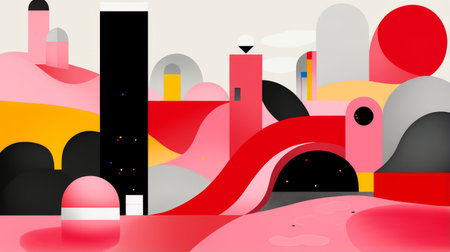 an abstract illustration of a city with pink and black buildingsの素材