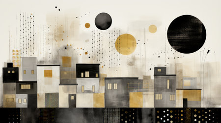 an abstract painting of a city with black white and gold balloonsの素材