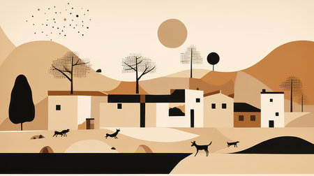 an abstract painting of a village with trees and deerの素材