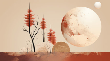 an abstract painting of a field with trees and an eggの素材