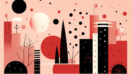 an abstract illustration of a city with black and red polka dotsの素材