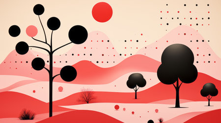 an abstract landscape with trees and a red sunの素材