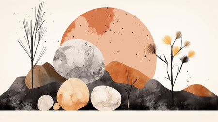 an abstract painting of rocks and plants with an orange sun in the backgroundの素材