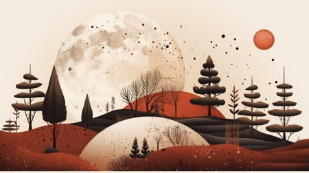 an abstract landscape with trees and a full moonの素材