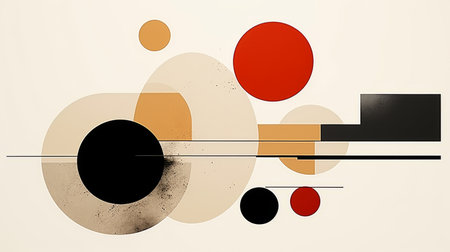an abstract painting with circles black red and whiteの素材