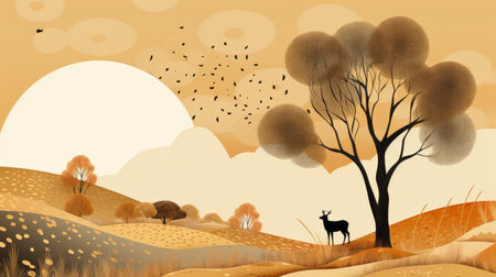an illustration of an autumn landscape with trees and deerの素材